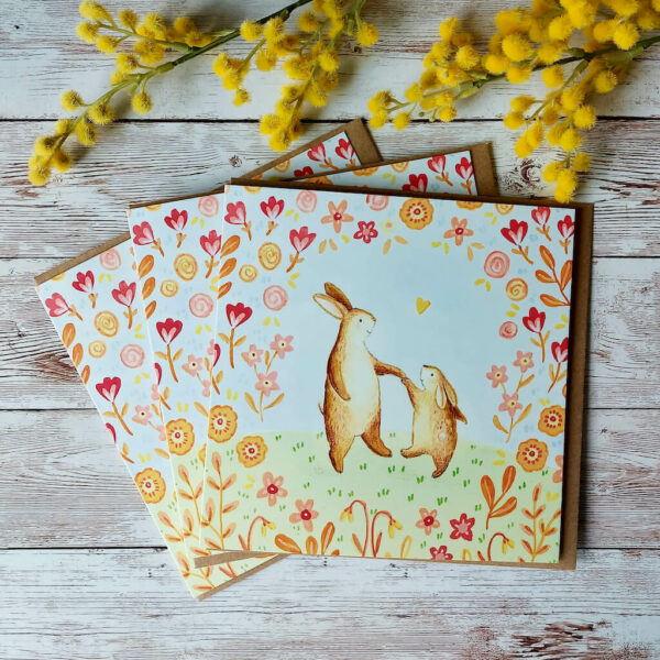 Floral Bunnies Card - Pack of 3