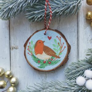 Robin Wood Slice Decoration - Pale Blue