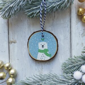 Small Bear Wood Slice Decoration - Green Scarf