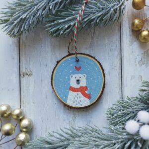 Small Bear Wood Slice Decoration - Red Scarf