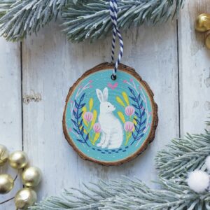 White Hare Wood Slice Decoration