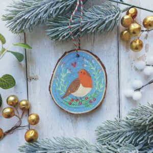 Robin Wood Slice Decoration - Dark Blue